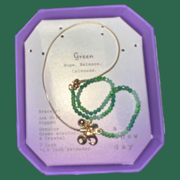 NWB A New Day 14K Gold Crystal Dipped Green Aventurine Beaded Bracelet Green - Picture 1 of 4